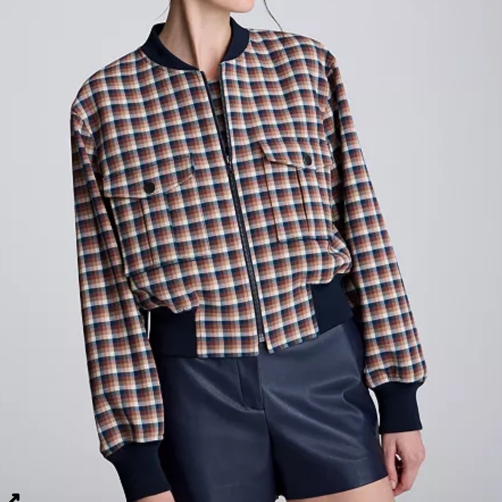 Kenneth‎ Cole Women's Chequered Cropped Bomber Jacket in Russet/Dark Navy Multi - Picture 3 of 13